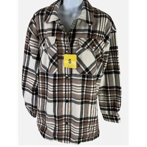 HFX Woman's Flannel Jacket Relaxed Fit Snap Closure Pockets Brown Plaid S